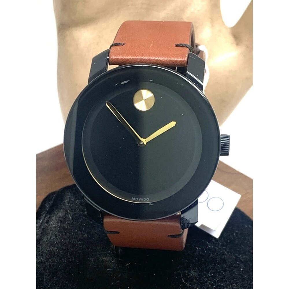 Movado Black Dial Gold Hands Brown Leather Strap Watch